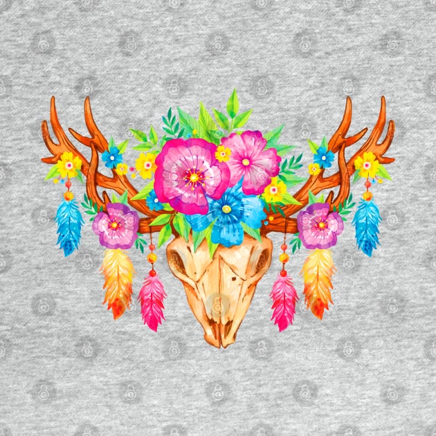 Feathers and Flowers Boho Skull by machmigo